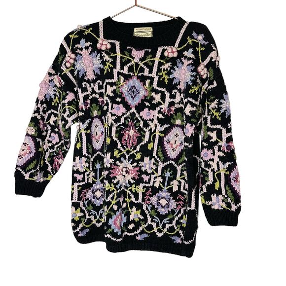 Vintage Hunters Run Hand Knit Black Pink Floral Pom Pom Detail Sweater Size L - Picture 1 of 7